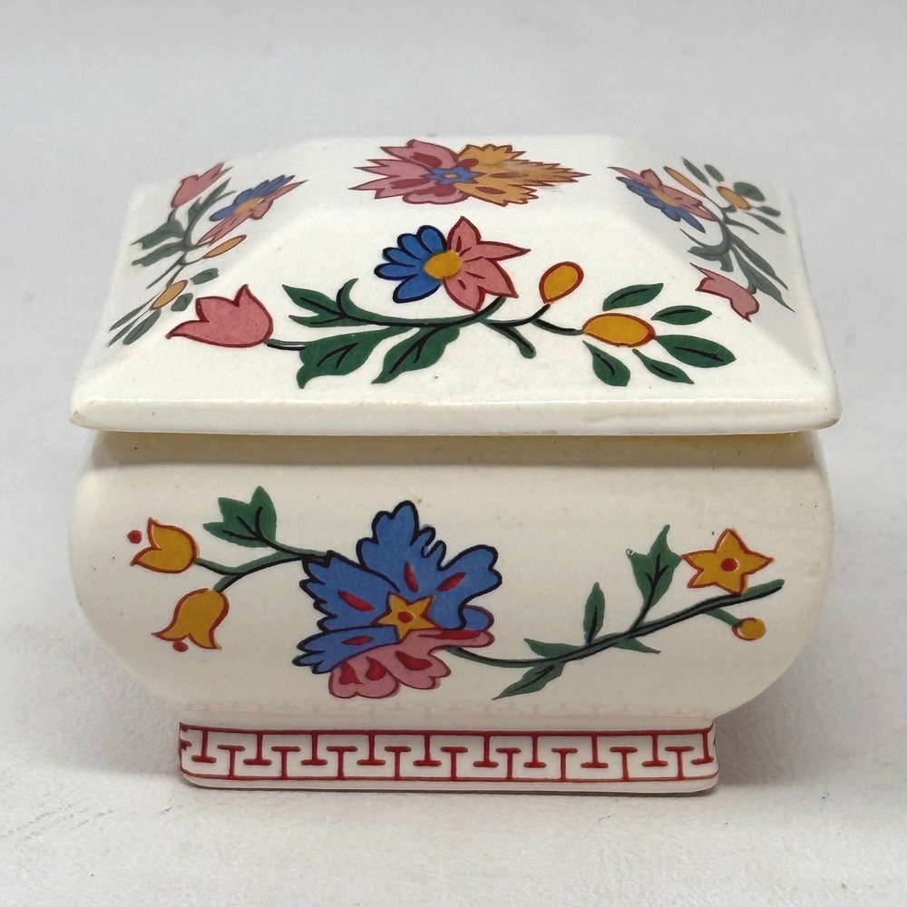 Floral 3 Inch Square Ceramic Lidded Jewelry Trinket Box 80s Oriental Gift Vanity